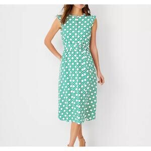 Ann Taylor Large Petite Rattan Print Flutter Sleeve Dress Green White Classic